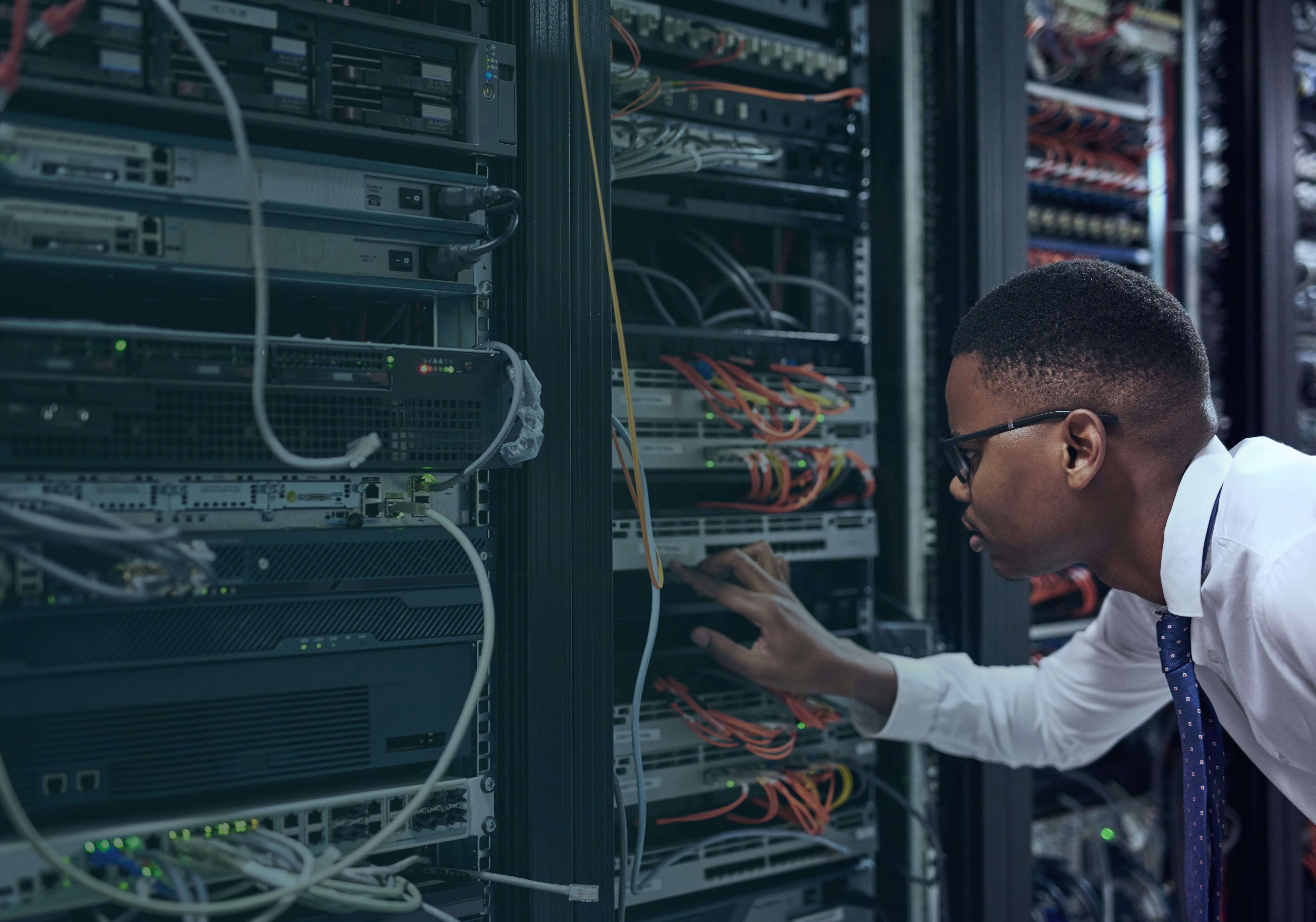 IT technician and server room for cyber security, data or network storage inspection