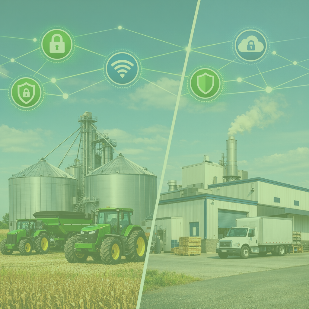 A split-screen Midwestern scene showing a modern farm with grain bins and tractors on one side and a small manufacturing plant on the other, connected by subtle digital network lines and security icons in the sky.